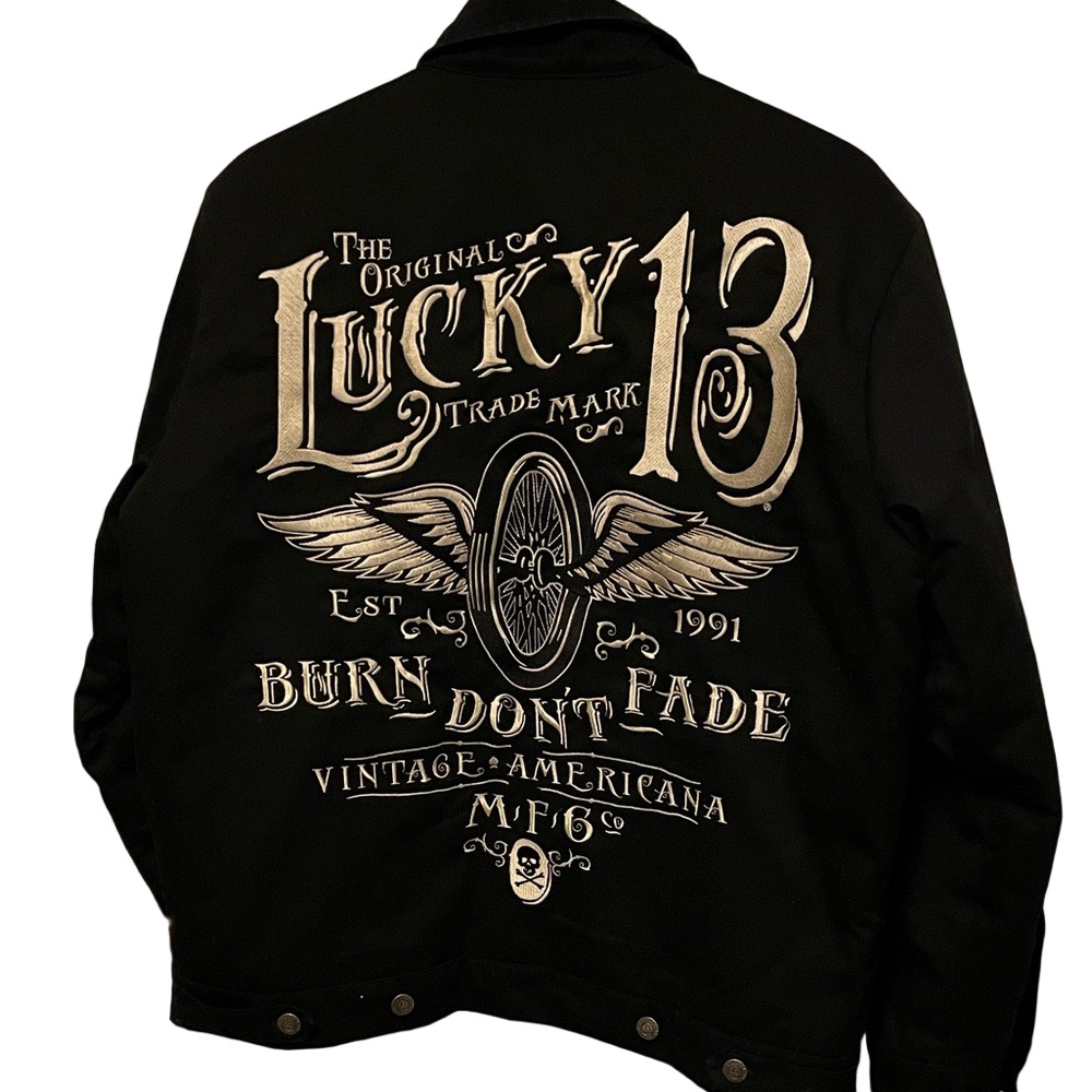 Lucky 13 Don’t Burn Fade Black Highly Embroidered Quilted Bomber Jacket Size M